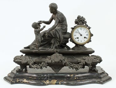 French Statue Clock w/ Marble Base, 19th Century