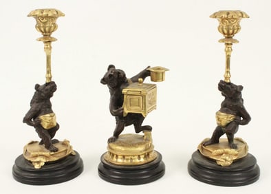 Figural Bronze Bear Candlesticks, 19th Century