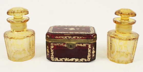 Bohemian Ruby Jewelry Box & Amber Bottles