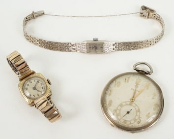 14K Gold Pocket Watch & (2) Ladies Watches