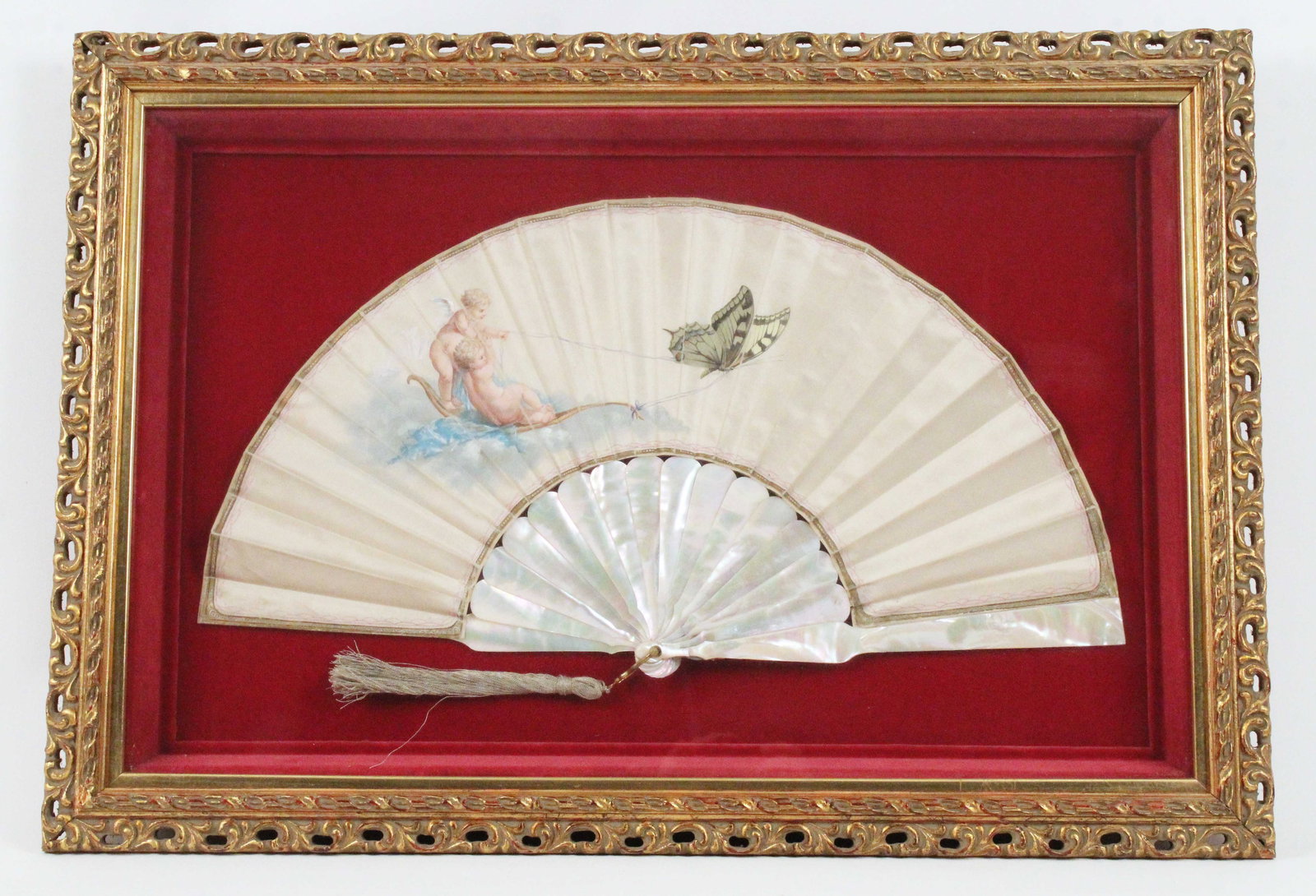 Mother Pearl & Silk Fan w/ Cupids Circa 1880 (1 of 5)