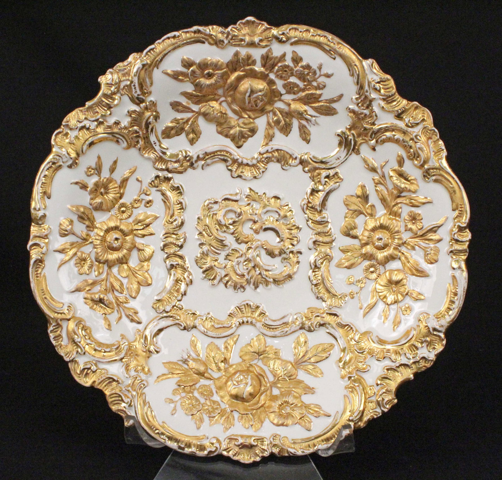 Meissen Rococo Gold Relief Porcelain Plate: Meissen Rococo Gold Relief Porcelain Plate, 10 3/4" Diameter. Condition- Good condition with some light wear to gold decoration. See photos.