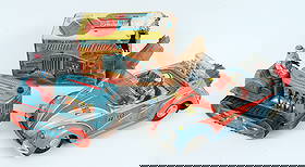 1960's Japanese Robot Bulldozer & Space Patrol: 1960's Japanese Tin Robot Bulldozer and Space Patrol. (1) 1960's Japanese United Pioneer No. 115 Robot Bulldozer battery operated toy with lighted piston area. Measures 5 1/2" high X 4 1/2" wide X 7 1