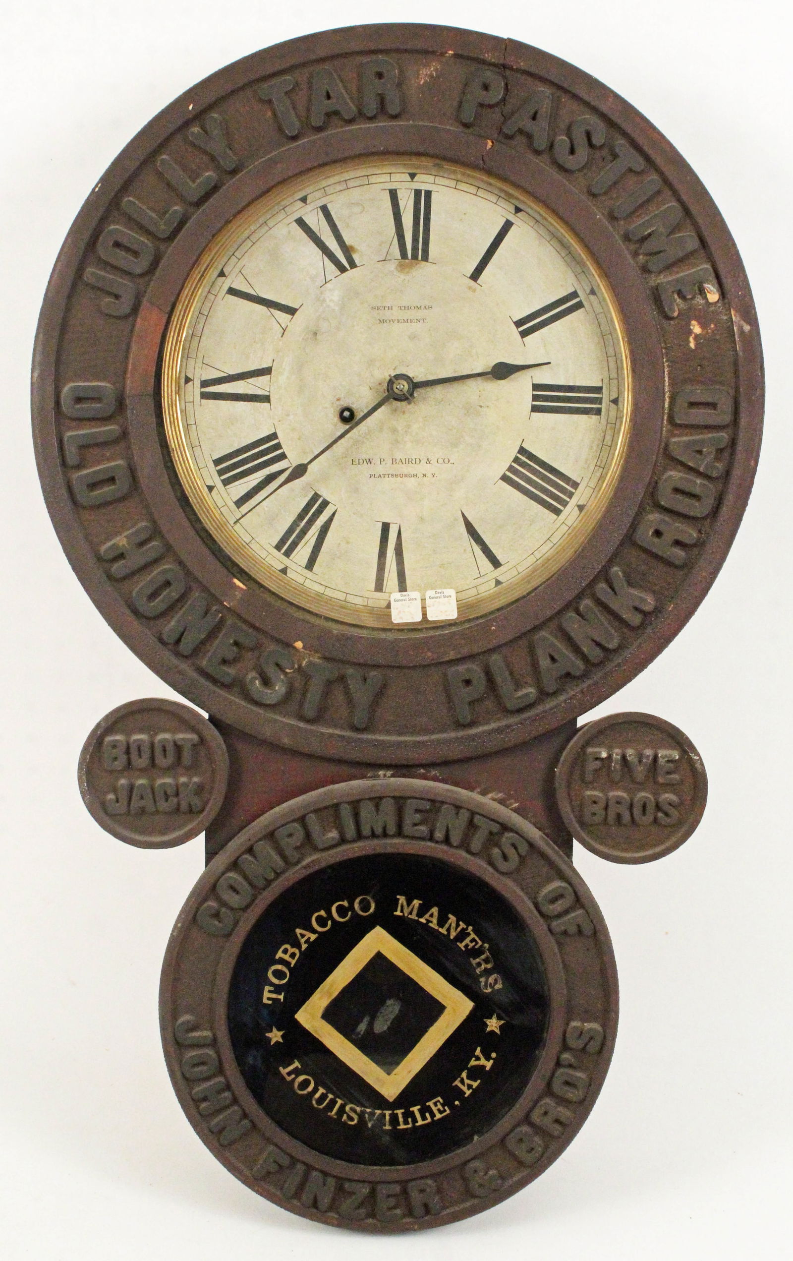 Baird Jolly Tar Tobacco Advertising Clock: Baird Jolly Tar Tobacco Advertising Clock, Circa 1895. Marked, "Seth Thomas Movement; Edw. P. Baird & Co., Plattsburgh, N. Y.; Jolly Tar Pastime Old Honesty Plank Road; Compliments of John Finzer & Br