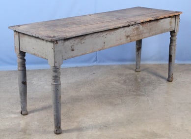 C. 1890 Store Table w/ Turned Legs & Gray Paint