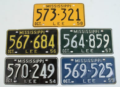 (5) 1954-1958 Mississippi License Plates