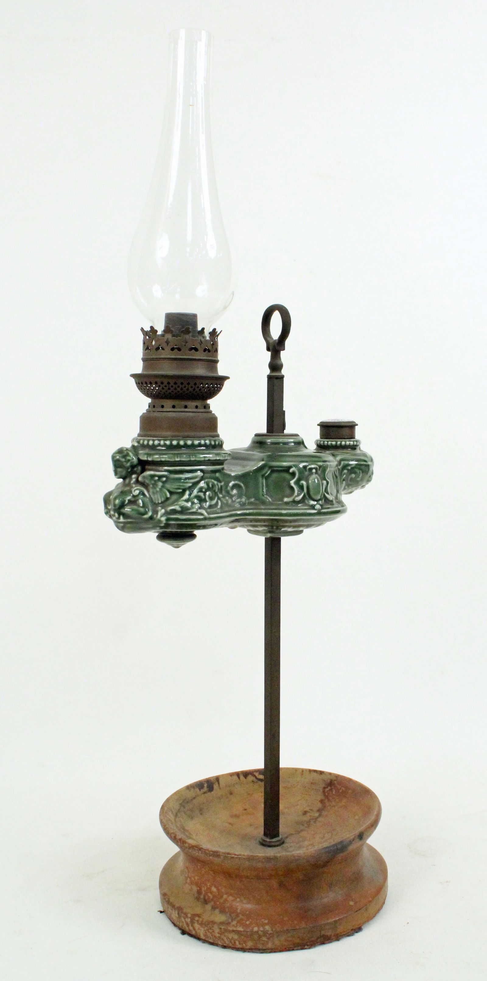 French Peigniet Changeur Green Porcelain Oil Lamp: 19th Century French Peigniet Changeur Green Porcelain Oil Lamp. Cap reads, "Lampe De Travail Brevete S. G. D. G. France Etranger Marque De Fabrique H Peigniet Changeur & Cie." Decorated with angel, ma