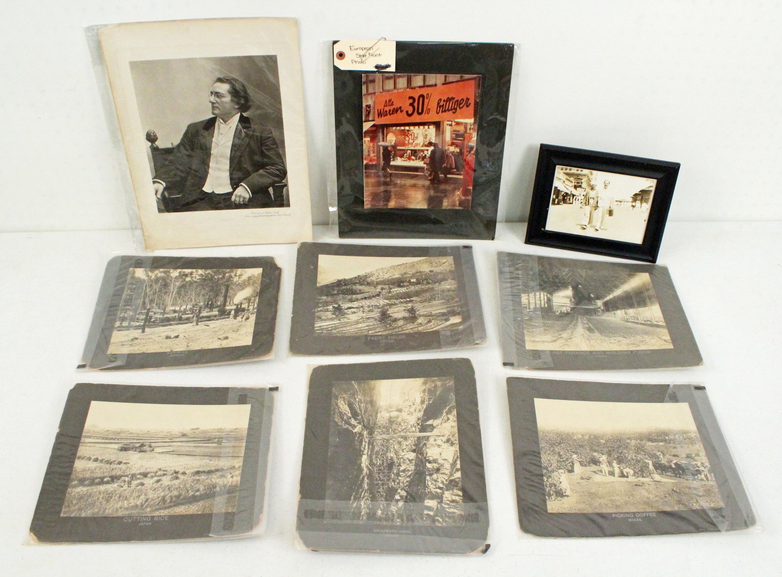 Group of (9) Photographs: Group of (9) Photographs. (1) Framed 1930's black and white 5" X 7" photograph of couple walking on a boardwalk (probably Atlantic City). The lady is holding a cigarette and the man has a cigar. (1) E