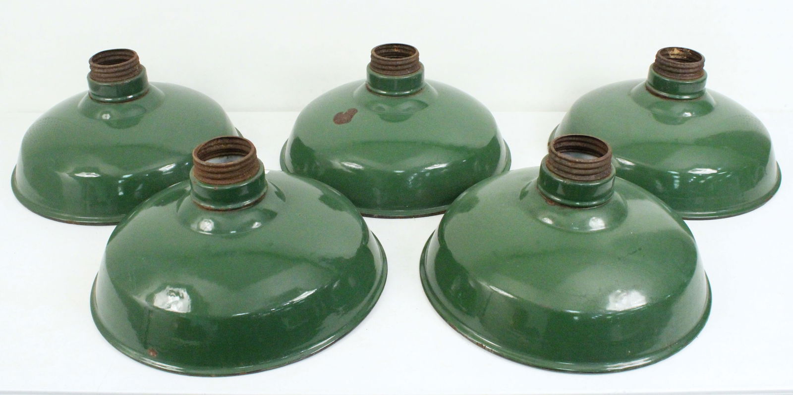 (5) Green Porcelain Shades: (5) Green Porcelain Shades. Porcelain shade measures 16" diameter X 6 3/4" high. ***THIS LOT IS NOT BEING SOLD FOR ANTIQUE ARCHEOLOGY***
