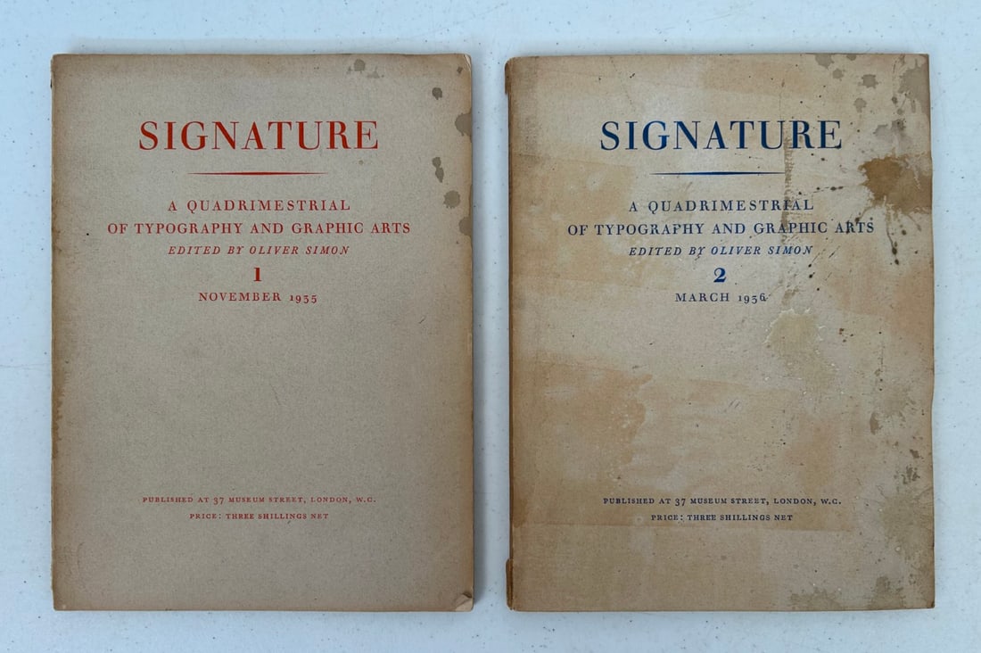 2 Issues of Signature Magazine: 2 Issues of Signature Magazine - A Quadrimestrial of Typography and Graphic Arts by Oliver Simon published 37 Museum Street, London. Issue No. 1 (November 1935) paper cover with red lettering (64 page
