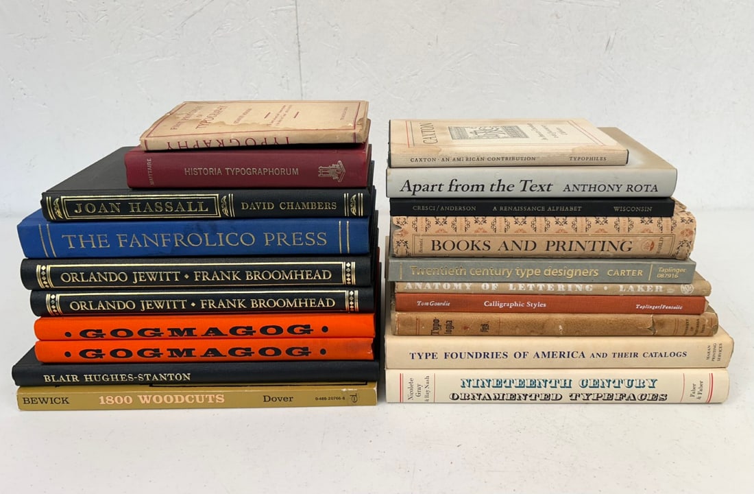 20 Hardcover Typography Related Books: 20 Hardcover Typography Related Books including First Principles of Typography by Stanley Morison c. 1936 with original dust jacket; Caxton edited by Susan Otis Thompson c. 1976 with original dust jac