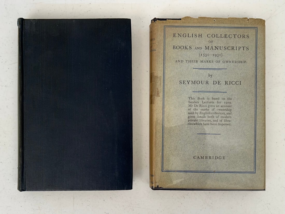 2 - 1st British Ed. - English Collectors of Books: 2 - 1st British Edition - English Collectors of Books and Manuscripts (1530-1930) by Seymour de Ricci published by The University Press Cambridge c. 1930 - one copy has original dust jacket in mylar c