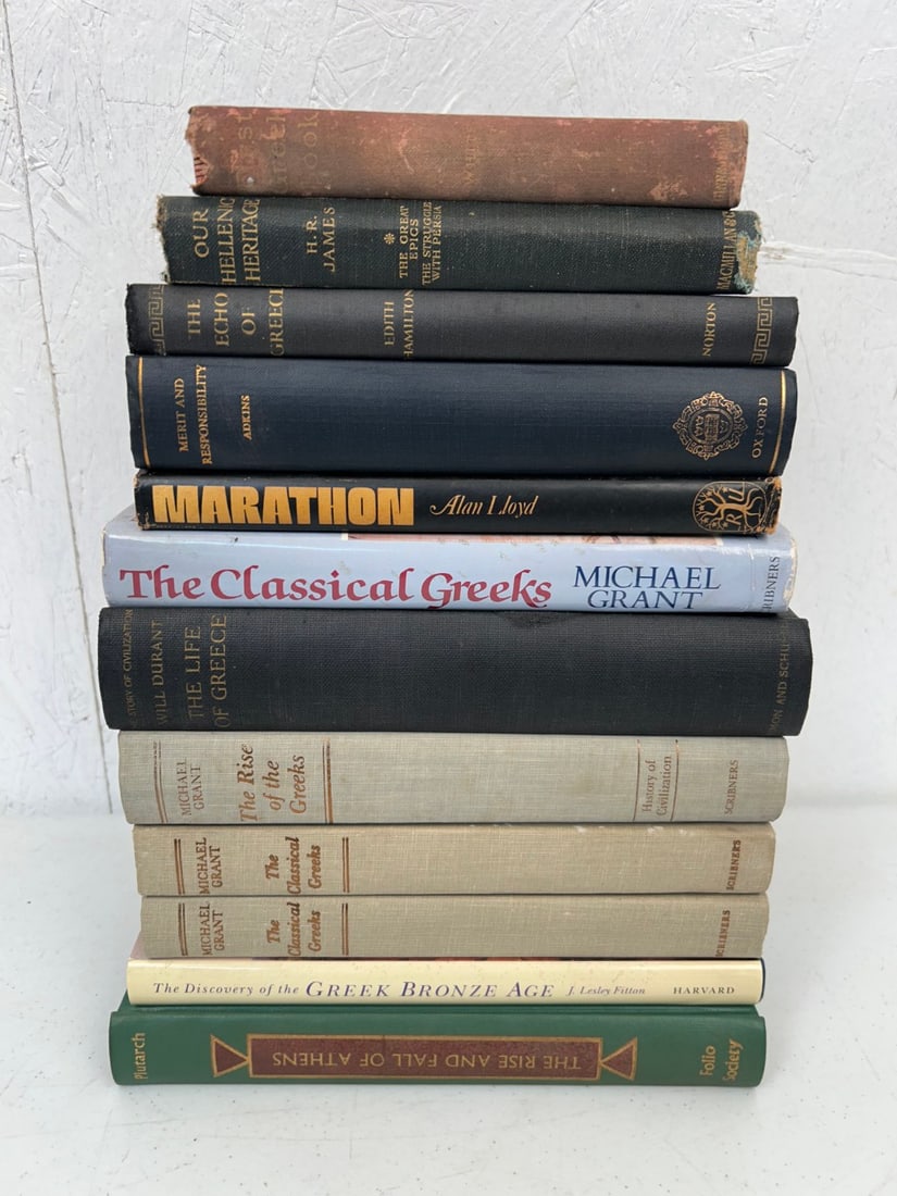 12 Misc. Hardcover Books on Ancient Greeks: 12 Misc. Hardcover Books on Ancient Greeks including The First Greek Book by John Williams White c. 1896; Our Hellenic Heritage by H. R. James Vol. 1 c. 1921; The Echo of Greece by Edith Hamilton c. 1