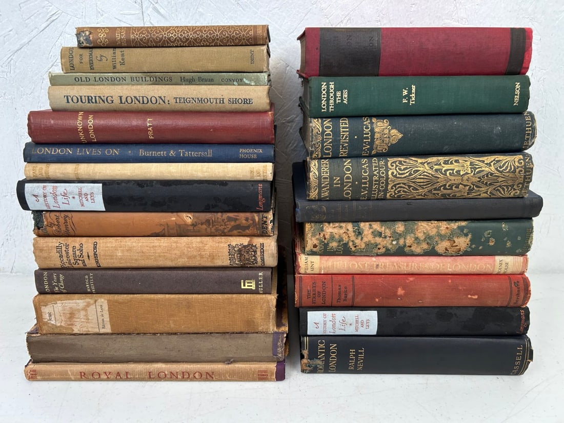 25 Hardcover Antique and Vintage Books on London: 25 Hardcover Antique and Vintage Books on London including The Plague and the Fire by James Leasor c. 1961, In Search of London by H.V. Morton c. 1951 1st Edition; London Through the Ages by F.W. Tick