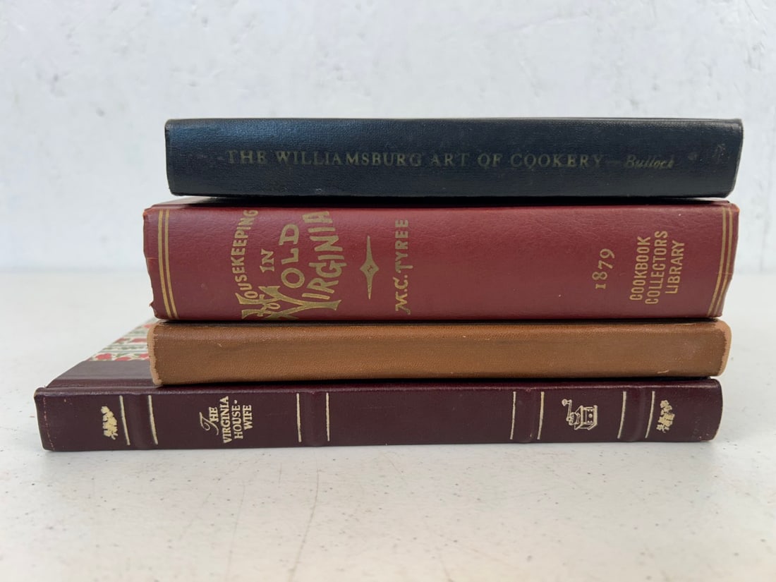 4 Virginia Related Cook Books: 4 Virginia related cook books including A reprint copy of The Williamsburg Art of Cookery by Mrs. Helen Bulluck published by Colonial Williamsburg Inc., Richmond VA c. 1938; Reprint copy of The Virgin