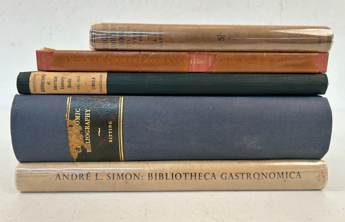 5 Misc. Cook Book Bibliographies: Lot includes 5 cook book bibliographies including English Cookery Books to the Year 1850 by Arnold Whitaker Oxford published by the Oxford University Press c. 1913; American Cookery Book 1742-1860 by 