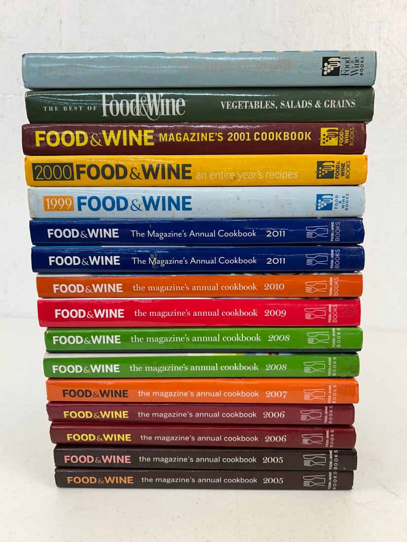 15 Food & Wine Annual and Best of Cookbooks: Lot contains 15 hardcover titles: Annual Cookbook 2005-2011, An Entire Years Recipes 2001-2002, Favorite Desserts, Best of Vegetables, Salads and Grains. Combined lot measures approximately 10"x8.5"x1