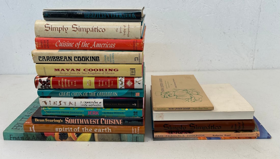 17 Mexican, Caribbean, L. American Cook Books: Lot contains 12 hardcover and 5 softcover titles covering the gastronomy of Mexico, Latin America, The Caribbean, Jamaica and Brazil. Combined lot measures approximately 14"x10"x16".