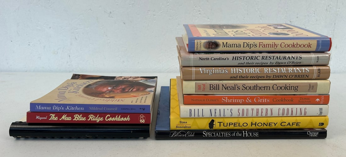 11 Virginia, North and South Carolina Cookbooks: Lot contains 8 hardcover and 3 softcover titles on Southern cooking from Virginia, North and South Carolina Combined lot measures approximately 11"x9"x10".