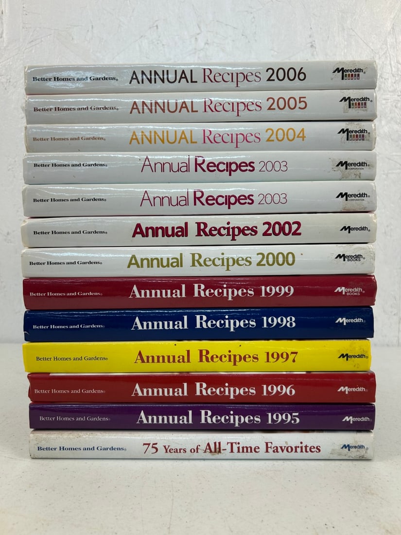 13 Better Homes and Gardens Annual Recipes Books: Lot contains 13 hardcover Better Homes and Gardens Annual Recipe Books (1995-2000, 2002-2006) and 75 years of all-time favorites. Combined lot measures approximately 14"x9"x11".