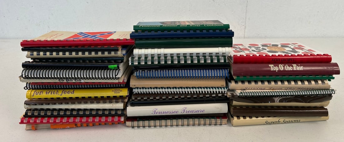 45 Spiral bound Tennessee Cookbooks and pamphlets: Lot contains 45 spiral bound cookbooks and pamphlets primarily published by churches and Junior Civic Leagues in Tennessee. Combined lot measures approximately 19"x19"x8".