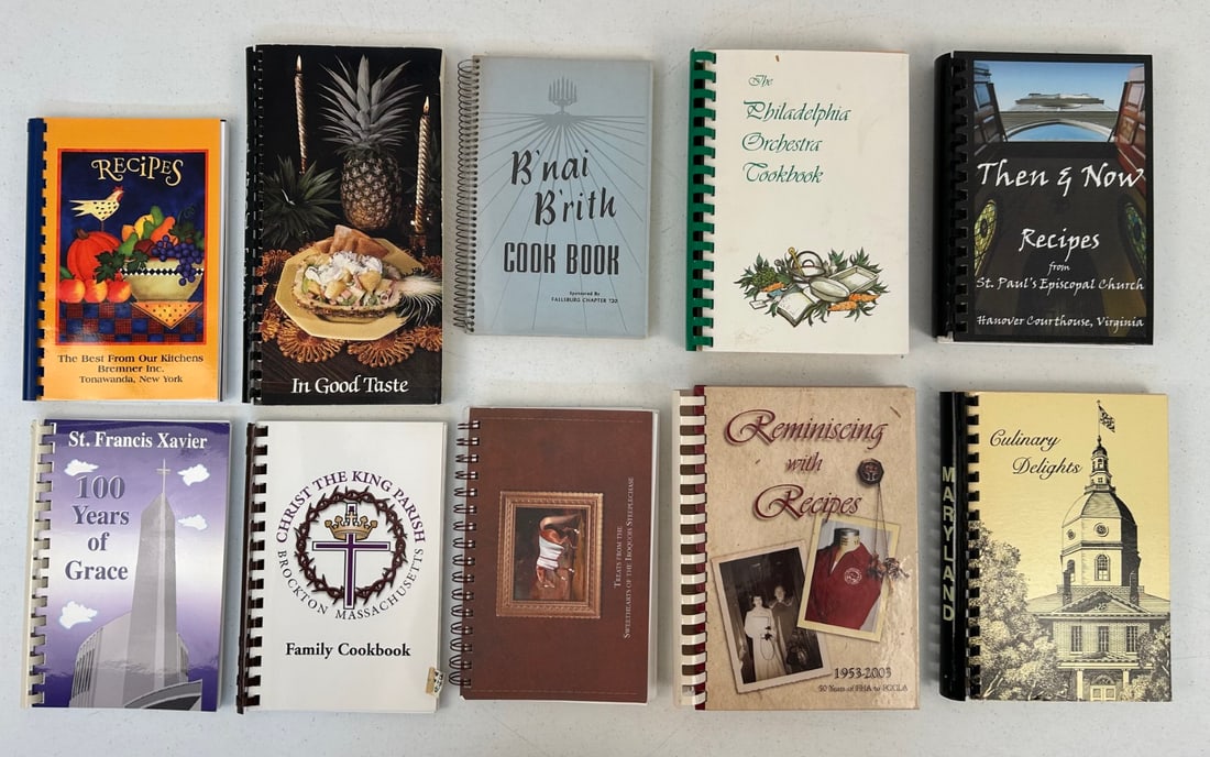 40 Misc. Spiral Bound Cookbooks: Lot contains 40 spiral bound cookbooks primarily published by churches and Junior Leagues. Combined lot measures approximately 19"x9"x19".