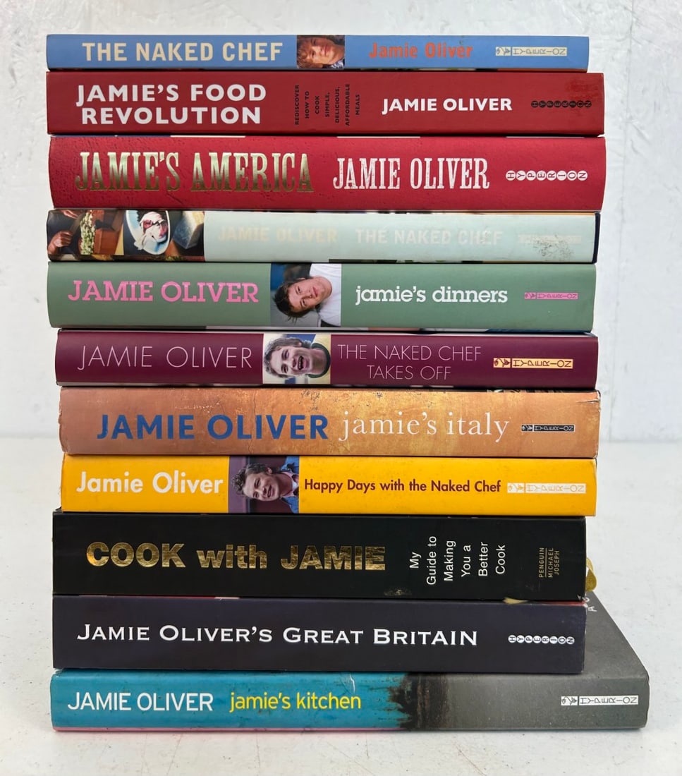 11 Jamie Oliver Cook Books: 11 Jamie Oliver Cookbooks. Combined lot measures approximately 12"x11"x13".