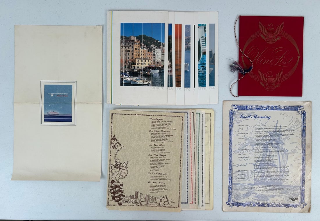 17 Vintage Cruise Line Menus and Wine Lists: 17 piece lot contains 1 United States Lines Wine List (10"x8"), 1 Star Line Corporation Star of Detroit Paper Dinner Menu, 7 Costa Lines Carla Costa Paper Menus, 7 NCL Paper Dinner Menus, 1 Paper NCL