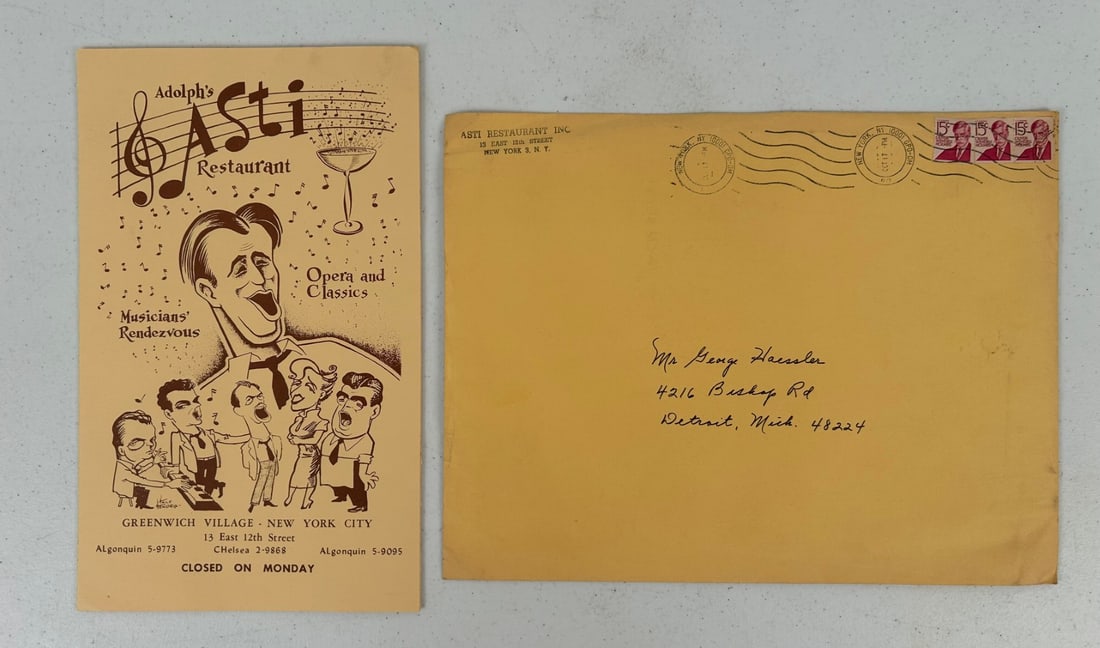 1 Adolph's Asti Restaurant Menu: 1 piece lot contains one Adolph's Asti Restaurant Paper Menu(12" x 7.25") in original mailing envelope c. 1979 illustrated by Haile Hendrix.