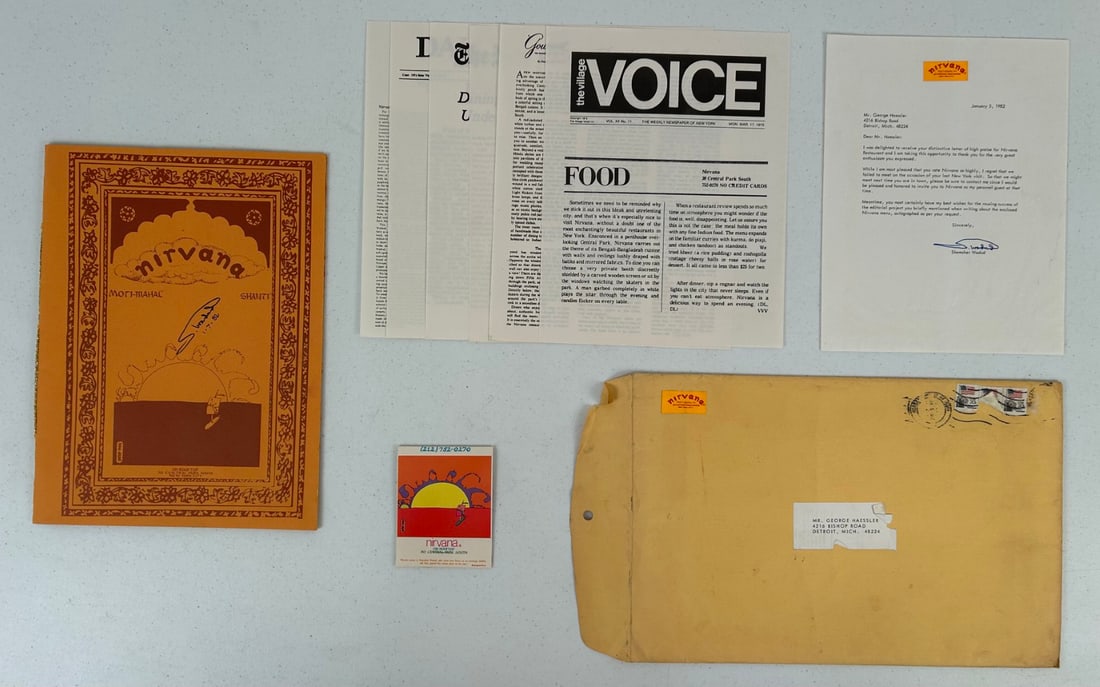 1 Nirvana Restaurant New York City Lot: Lot contains 1 mint condition Nirvana Restaurant Signed (Shamsher Wadud) Paper Menu with cover by Peter Max (13" x 9.75"); Letter on Nirvana Letterhead signed by Shamsher Wadud, Extra Large Unused Mat