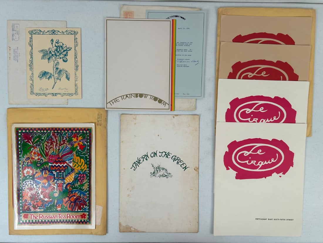 8 Vintage Famous New York City Restaurant Menus: Lot contains 8 vintage Famous New York City Restaurant Menus includes one Lutece paper menu with botanical cover in original mailing envelope dated 1979, one Tavern on the Green Menu; one The Russian