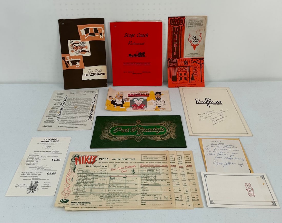 13 Misc. Chicago Menu's c. 1980's: 13 Misc. Chicago Menu's c. 1980's including 1 Chicago Road House single sheet paper menu, 1 D.B. Kaplans Delicatessen accordion fold paper menu, 1 Stage Coach laminated half fold menu, 1 Don Roth's Bl