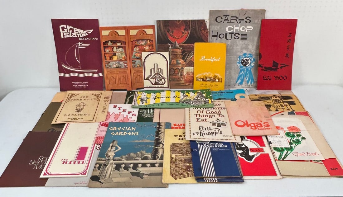 Misc. Detroit and Michigan Menus and Ephemera: Misc. Detroit and Michigan Menus and Ephemera including The Original Pancake House, Gracie O's, Caf? Promenade, The Dearborn Inn, Maudes, Down Under, and many more. Combined lot measures approximately