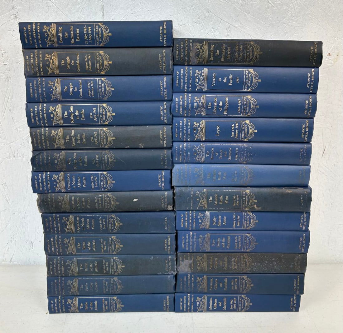 25 Volumes of History of US Naval Operations: 25 Volumes of History of United States Naval Operations in World War II - Incomplete Sets - 4 copies Vol. I The Battle of the Atlantic, 3 copies Vol. II Operations in North African Waters, 3 copies Vo