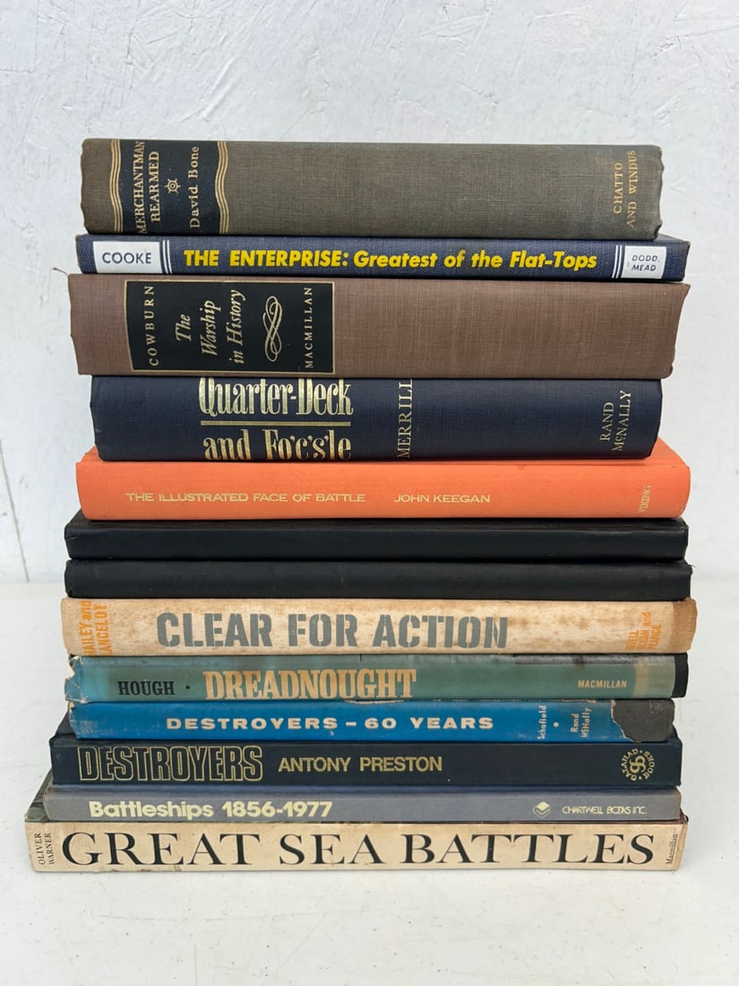 13 Hardcover Books on The Navy: 13 Hardcover Books on The Navy including Quarter-Deck and Fo'c's'le - The Exciting Story of the Navy edited by James M. Merrill c. 1963; Merchantman Rearmed by David W. Bone c. 1949; The Warship in Hi