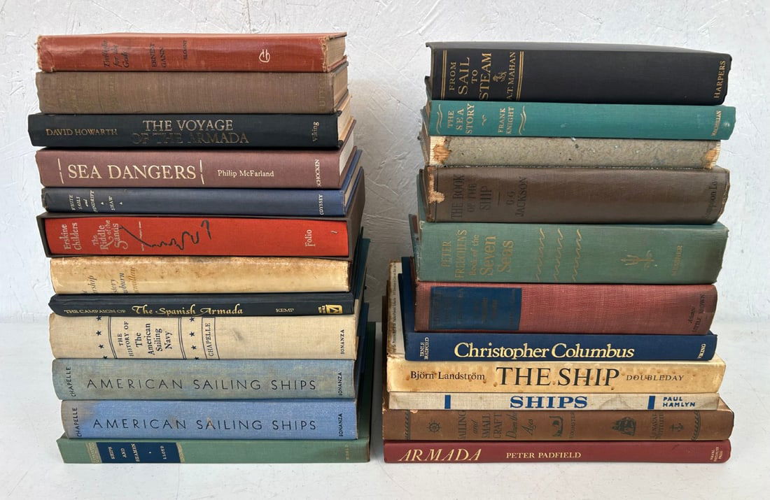 23 Hardcover Naval History Books: 23 Naval History Books including From Sail to Steam by A.T. Mahan c. 1907 1st edition; Twilight for the Gods by Ernest Gann c. 1956; White Sails and Spindrift by Captain Frank Hubert Shaw c.1947; Sea