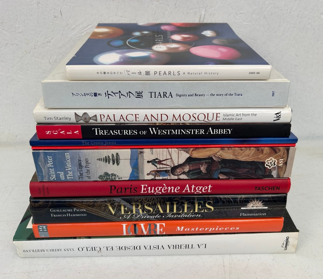 10 Misc. Art and Travel Books: 10 Misc. Art and Travel Books including Pearls - A Natural History c. 2005; Tiara - Dignity and Beauty - The Story of the Tiara c. 2007; Palace and Mosque - Islamic Art from the Middle East by Tim Sta