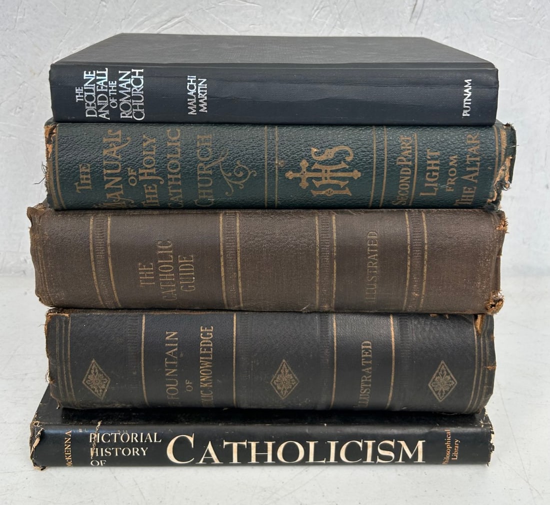 5 Hardcover Vintage Books on Catholicism: 5 Hardcover Vintage and Antique Books on Catholicism including The Decline and Fall of the Roman Church by Malachi Martin c. 1981; Pictorial History of Catholicism by Marian McKenna c. 1962 with origi