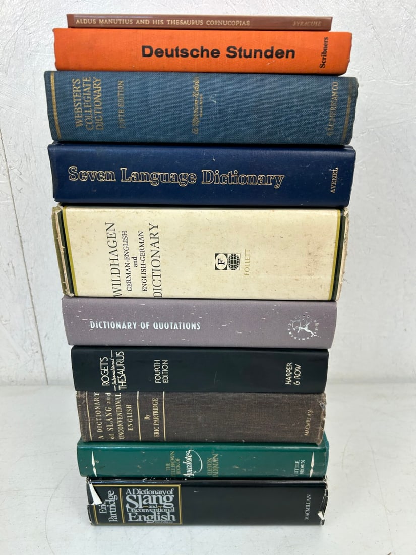 11 Misc. Dictionaries and Thesaurus: 11 Misc. Dictionaries and Thesaurus including Baileys' Catalogue of Dictionaries & Grammers in the European Languages including those of the British Isles c. 1961 (paperback); Websters Collegiate Dict