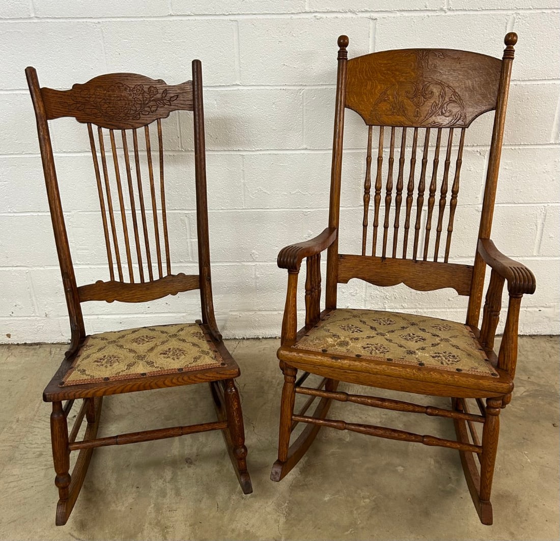 2 Oak Rocking Chairs: 2 Oak Rocking Chairs tallest measures 43" x 19" with a seat measuring 20 1/2 at the widest. Smaller rocker measures 41 1/2" x 18 1/2" with a seat measuring 17 1/2" at widest. Both have cloth seats and