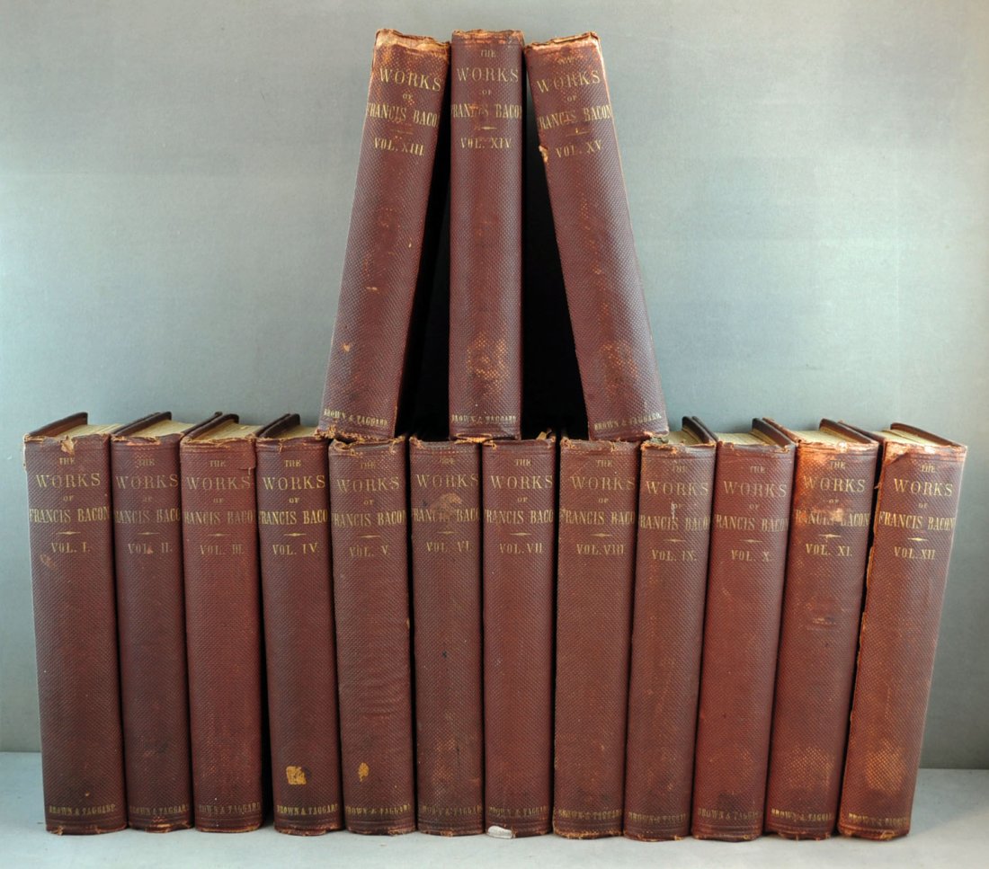 The Works of Francis Bacon in 12 Vols, 1861: Title: The Works of Francis Bacon (12 Volume Set) Author: Speeding, James; Ellis & Heath (eds) Description: 12 Volume Set, brown cloth hardcover with gilt lettering to spine, Frontis Portrait in Vol. 