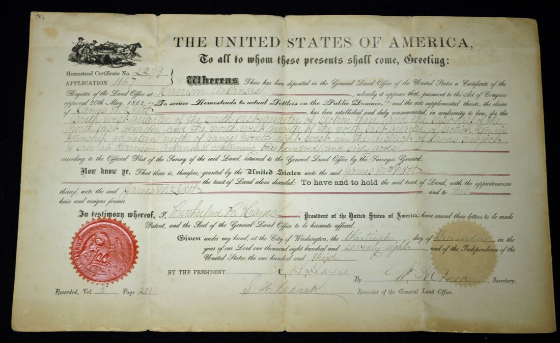 Presidential Land Grant Signed R.B. Hayes, 1878: Presidential Land Grant Signed R.B. Hayes, 1878, James McNatt, 160 Acres, Section 10 and township 19. 10" X 16", See photos for condition.