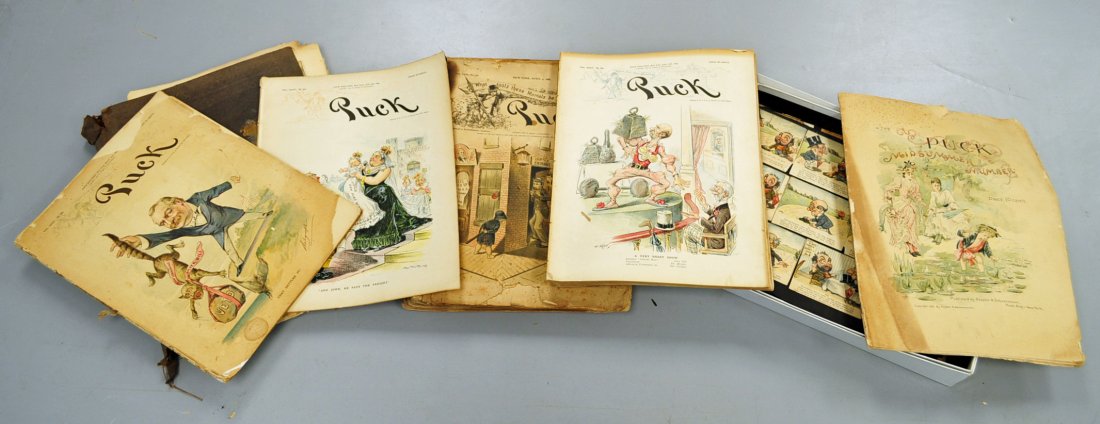 COLLECTION OF PUCK MAGAZINES 1888-1894: TWO BOUND VOLUMES OF PUCK MAGAZINE 1888. Very loose bound volume missing several pages. One of the volumes is missing bound cover. Looks to be in poor condition. A box of Puck magazines and loose scra