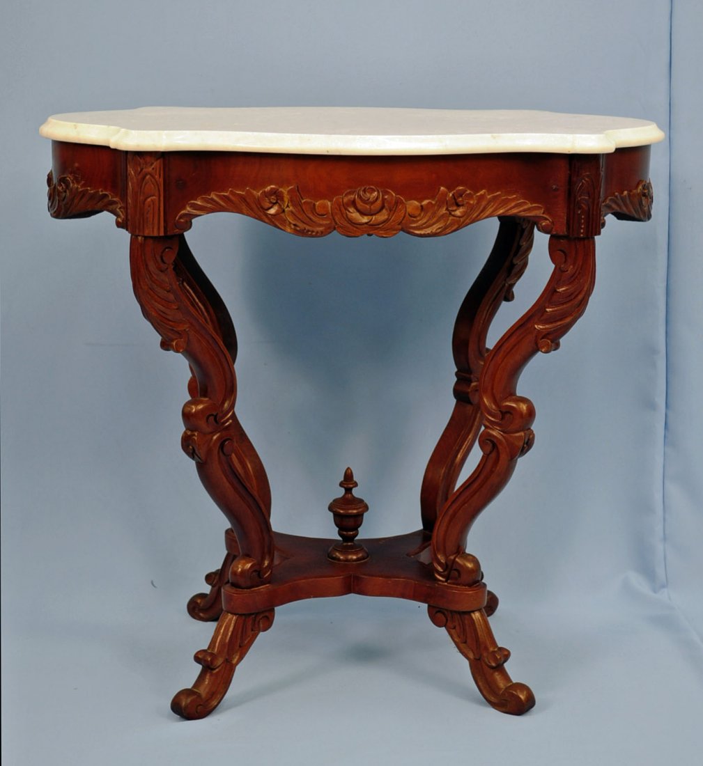 Victorian Mahogany Table with Turtle Top Marble: Victorian rose carved 19th century, mahogany table with white turtle top marble . Dimensions - 29" H X 22" X 31"