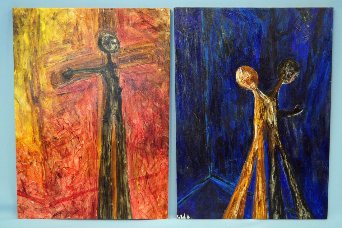 Sally Ko, Pair "Stick Men" Acrylic Paintings: Sally Ko (b. 1971), "Stickmen". A pair of unframed abstract realism acrylic paintings of stickmen . Dimensions - each painting measures 16" X 22"