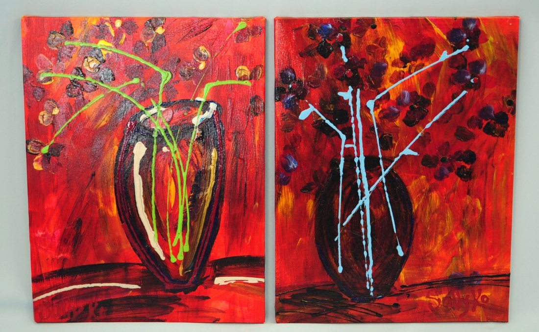Sally Ko, Pair "Flower Vases" Acrylic Paintings: Sally Ko (b. 1971), "Flower Vases". A pair of unframed acrylic paintings of flowers . Dimensions - each painting measures 16" X 21"