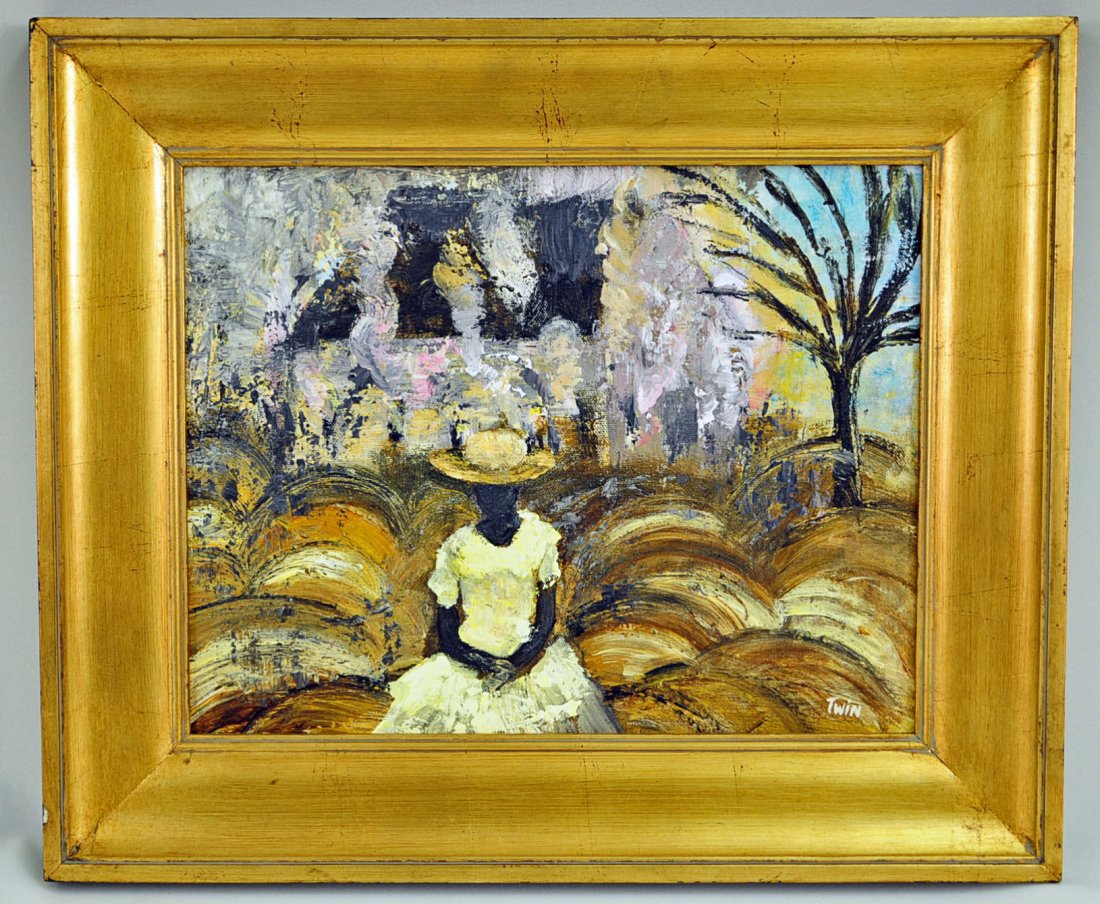 Twin (Jerry and Terry Lynn) "Not Alone" Painting: Twin (Jerry and Terry Lynn) b. 1975, oil on canvas painting titled "Not Alone". Circa 2000. Young black lady seated in foreground with burning church in background. Contemporary OG gold frame. Provena