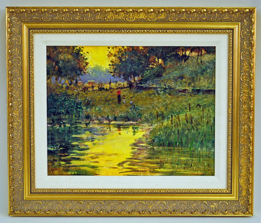 Tom Perkinson, Oil/canvas "Sunset Reflection": Tom Perkinson (1940), Painting , Oil/canvas. Title- " Sunset Reflection" landscape, family mother and children farm scene. Provenance Merrill Chase Galleries, Chicago, IL, Image dimensions - 10.5 X 13