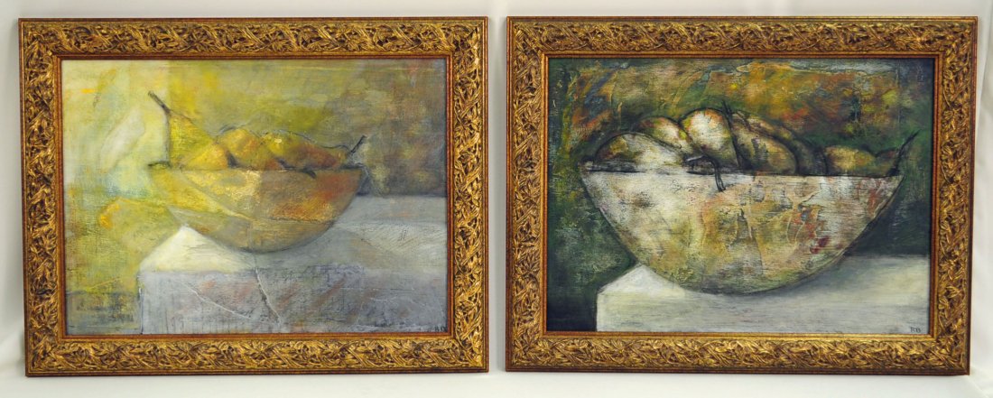 Pair Robert Brady, "Still Life of Fruit" O/B: Pair of Robert Brady, "Still Life of Fruit" oil on board paintings. Signed lower right R.B., Provenience Cooper Street Gallery, Memphis, Tennessee, 1998. Framed in antique style gold frames. Dimension