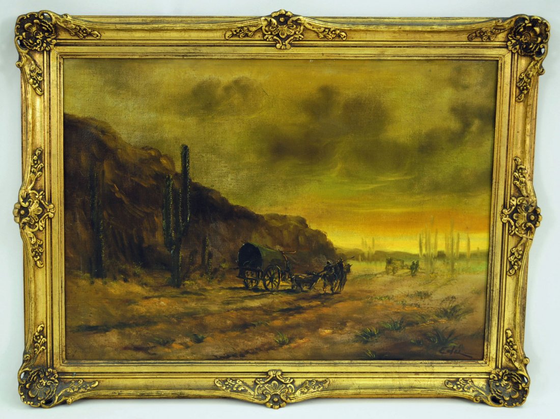 Unknown Artist, Western Argentinian Painting: Unknown artist, "Western Argentinian Desert" oil on canvas painting. Signed lower right "Edi?" indecipherable signature. Desert scene with cactus, wagon and horses. Painting is framed in a modern Fren